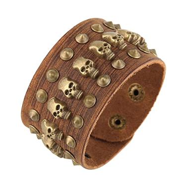 Imagem de STWTR Rebites de metal preto punk rock motociclista cinto largo pulseira de couro guarda pulseira pulseira de pulso caveira, 9 inch, Couro, Sem pedras