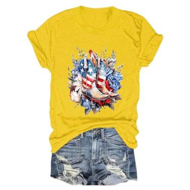 Imagem de Camisetas femininas de 4 de julho, roupa do Dia do Memorial Day, camisetas soltas casuais para férias patriônticas, Amarelo, 3G