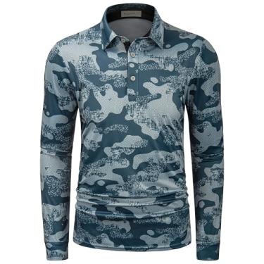 Imagem de Wancafoke Camisa polo masculina camuflada manga longa absorção de umidade secagem rápida camisa polo de golfe leve, Camuflagem azul lago, M