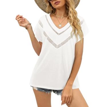 Imagem de Amoretu Camiseta feminina de verão, boho, gola V, manga curta, casual, caimento solto, Bege, M