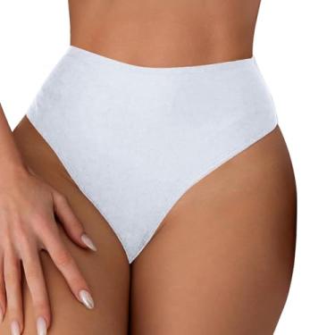 Imagem de Calcinha de biquíni feminina de verão retrô de cintura alta com controle de barriga e corte alto, Branco, M