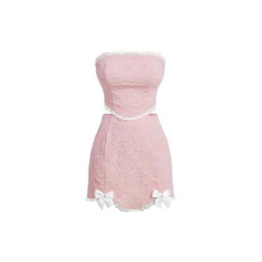 Imagem de Floerns Conjunto de 2 peças de blusa feminina com laço texturizado e renda contrastante, Rosa claro, Small