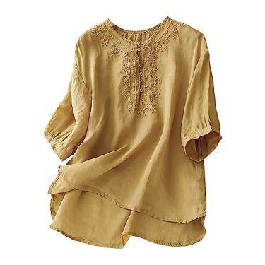 Imagem de Blusa feminina de linho de verão boho blusa de algodão gola redonda manga curta túnica bordada mexicana, Amarelo, XXG