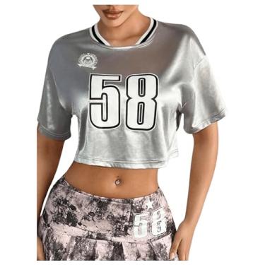 Imagem de Verdusa Camiseta feminina com estampa de letras metálicas e gola redonda e manga curta solta, Prata, M