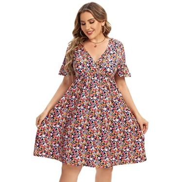 Imagem de Vestido casual plus size, gola V, evasê, comprimento até o joelho, vestido rodado, plus size, minivestido de festa, vermelho, GG