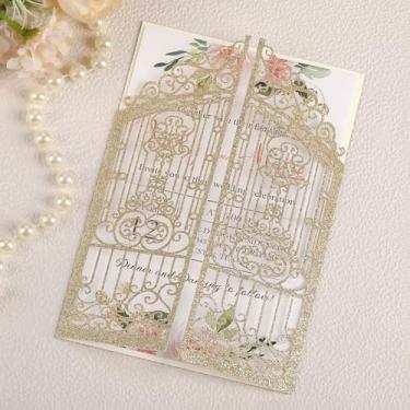 Imagem de Convites de casamento com glitter dourado, 50 peças, convites cortados a laser com envelopes e cartões Rsvp, inserções personalizadas para festa de quinze anos de casamento, aniversário, noivado,