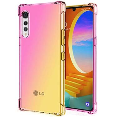 Imagem de Ueokeird Capa para LG Velvet, capa de telefone transparente e fofa gradiente, capa de TPU flexível antiarranhões, capa protetora à prova de choque para LG Velvet rosa/dourado