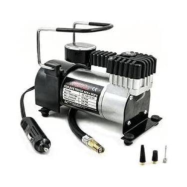 Imagem de Compressor Veicular De Ar Mini Elétrico Portátil Prata 12V Com Manômetro Encher Pneu Bicicleta, Carro, Caminhão, Onibus, Vans Alta Pressão Com 2 Bicos Para Inflar PREMIUM