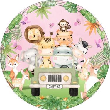 Imagem de Painel de Lona Redondo Safari Aquarela Jeep Fundo Rosa Animais da Flor