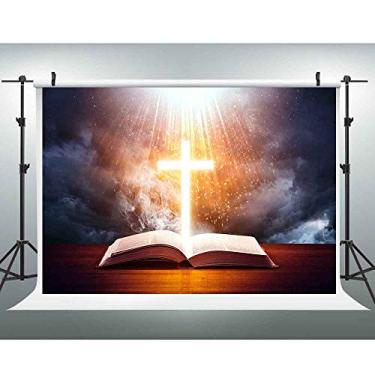 Imagem de EOA Pano de fundo fotográfico com cruz da Bíblia Sagrada 18 cm (L) x 15 (A) FT para eventos de primeira comunhão da igreja, fundo escolar de Jesus Cristo, adereços de estúdio de cabine de fotos