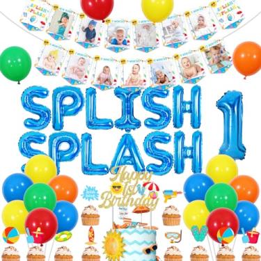 Imagem de Fangleland Splish Splash 1st Birthday Decorations for One Year Old Boy, Summer Pool Party Themed First Birthday Party Supplies with Photo Banner Cake Topper Cupcake Toppers Balloons