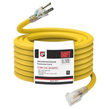 Imagem de EP Cabo de extensão iluminado para ambientes externos 12/3 de 12 metros – Cabo de extensão amarelo resistente SJTW com plugue de 3 pinos para segurança, certificação UL