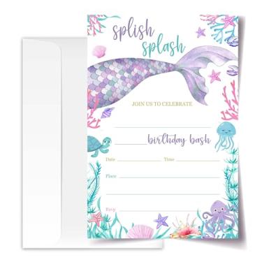 Imagem de ANYEMW Cartões de convite de aniversário de sereia com envelopes pacote de 20 (10 x 15 cm), convites de festa para meninos, meninas, crianças, adolescentes, decorações e suprimentos de lembrancinhas