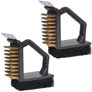 Imagem de SquEqu Pacote com 2 escovas de grelha e raspador com cerdas de arame e escova sem cerdas, 2 escovas laterais, esfregão portátil de cabo curto para limpador de grelha, prateleiras de ferro fundido,