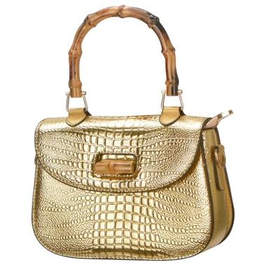 Imagem de Bolsa feminina de couro artificial com alça superior de bambu bolsa tiracolo elegante bolsa para noite presente para mulheres feita à mão, Dourado, Small