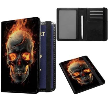 Imagem de JANENFNA Porta-cartão de passaporte e vacina, carteira de viagem, bloqueio de RFID, capa de couro PU com compartimento protetor de cartão de vacina com caneta, para mulheres e homens, Crânio de fogo,