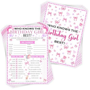Imagem de Birthday Party Games - Who Knows The Birthday Best - Pink Birthday Party Games Card - Birthday Night Games Creative Idea - Pink Bow Sleepover Slumber Party Supplies for Teen Adults 20 Game Cards