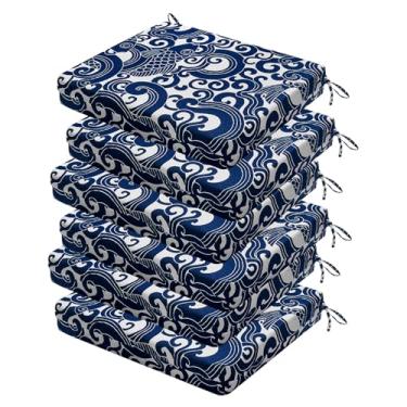 Imagem de HOMELYSIAN Conjunto de 6 almofadas de cadeira de jardim resistentes à água, 45 x 40 x 7 cm, almofadas de alta sustentação para móveis de pátio com laços antiderrapantes (carpa azul)