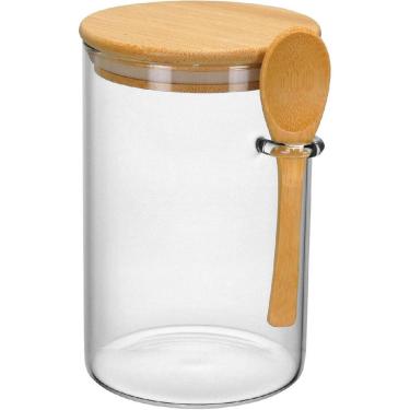 Imagem de POTE PORTA MANTIMENTOS COM COLHER E TAMPA DE BAMBU BOROSSILICATO 1L 15x10x10cm TRANSPARENTE