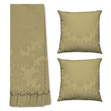 Imagem de Jogo Manta Xale para Sofá Artesanal com Franjas 1,40 x 3,00 com 2 Almofadas (85 BEGE ESCURO KAKI)