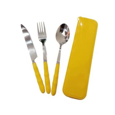 Imagem de Kit Talher 3pc Inox Estojo Garfo Faca Marmita Viagem(Amarela)