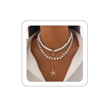 Imagem de Yheahin Colar feminino Boho com pingente de concha em camadas douradas, pérola, estrela-do-mar, colar de pescoço, Havaí, praia, surfista, festa, acessórios, Plástico, Sem Pedra Preciosa