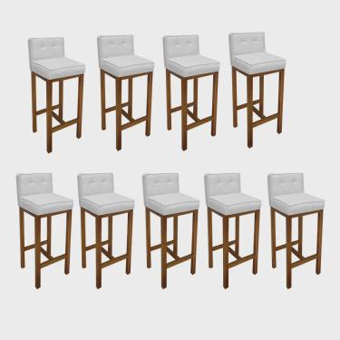 Imagem de Kit 09 Banqueta Alta Com Encosto Alba Cozinha Balcão Bistrô Base Madeira Castanho Corino Branco - Ahz Móveis