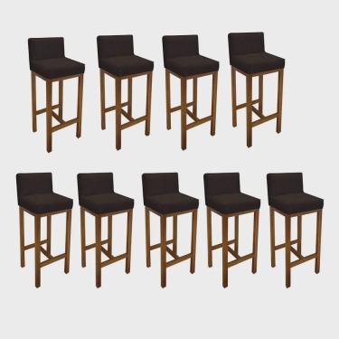 Imagem de Kit 09 Banqueta Alta Com Encosto Loren Cozinha Balcão Bistrô Base Madeira Rústico Corino Marrom - Ahz Móveis