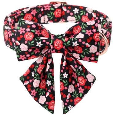 Imagem de Babole Pet Coleira floral para cães com gravata borboleta - coleira borboleta ajustável de flor preta respirável confortável primavera-verão para cães pequenos, médios e grandes, M