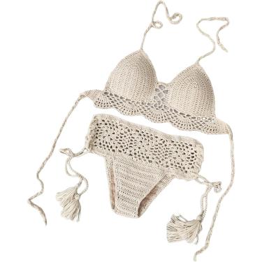 Imagem de Conjunto De Biquíni De Crochê Para Mulheres - Conjunto De Biquíni De Crochê Sexy De Verão Com Acolchoamento Maiô Moda Feminina Swimwear Hollow Backless Hanging Neck Beachwear, Khaki, S
