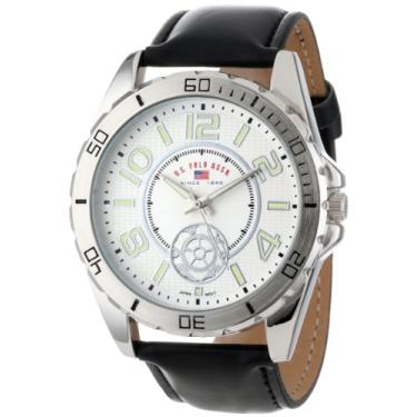 Imagem de U.S. Polo Assn. Relógio analógico masculino – mostrador branco texturizado com pulseira de couro PU preto e marcadores luminosos – elegante, durável e ajustável para pulsos de 14 a 20 cm, Vestido