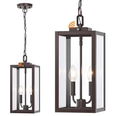 Imagem de MYHXQ Luminária Pendente Grande Para Áreas Externas De 15,3'', 2 Luzes, Do Crepúsculo Ao Amanhecer, Lustre Moderno De Metal Marrom Para Áreas Externas, Luminária Suspensa Para Montagem No Teto Com V