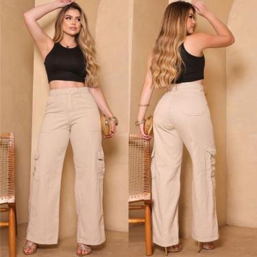 Imagem de Calça Cargo Jeans Feminina Wide Leg - KCG STORE, Bege, 46