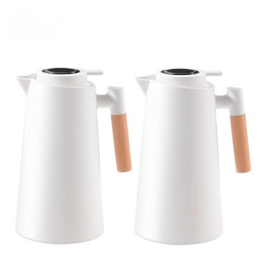 Imagem de Garrafa Térmica De Água 1000ml Com Termômetro Digital LED Para Chás Café Cabo Em Madeira Design Elegante(KIT2-Branco)