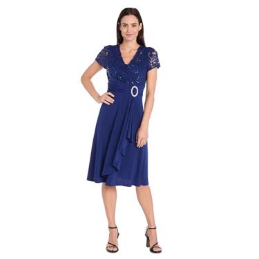 Imagem de Vestido longo em cascata na altura do joelho com modéstia e mangas curtas de renda, Azul marino, 42