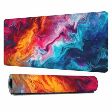 Imagem de Y YIHANGBEST Mistura colorida abstrata de tinta fluida, tapete de mouse grande para jogos, mouse pad longo, base de borracha antiderrapante, tapete de teclado para mesa, escritório, casa 90 x 40 cm