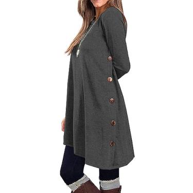 Imagem de KORSIS Vestidos para mulheres, manga comprida, gola redonda, casual, com botões laterais, caimento solto, suéter, túnica, vestido, Cinza-escuro, G