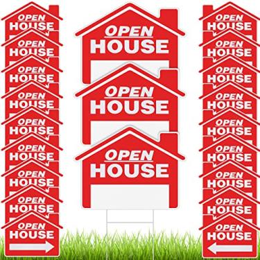 Imagem de Pinkunn Pacote com 21 placas abertas de 30,5 x 40,6 cm, placas de venda de imóveis de dupla face, placas de setas direcionais para venda de propriedades resistentes com 21 peças de estacas de metal H para suprimentos de agentes imobiliários ao ar livre