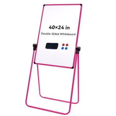 Imagem de Betorcy Quadro magnético apagável a seco com suporte, quadro branco com suporte duplo em U de 101,6 cm x 61 cm, quadro branco dobrável portátil para sala de aula, escola, escritório, rosa