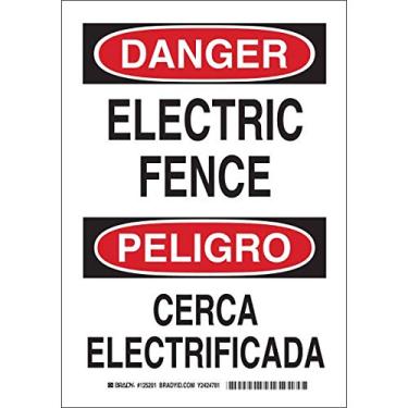 Imagem de Brady Placa bilíngue 125204, legenda "Cerca elétrica/Cerca Electrificada", altura de 35,5 cm, peso de 25,4 cm, preto e vermelho em branco
