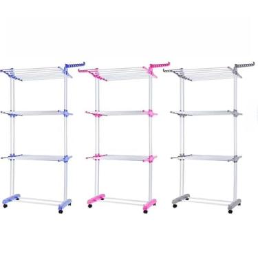 Imagem de Varal De Chão 3 Andares Dobrável Retrátil Aço 4 Rodas(Rosa XL3656)