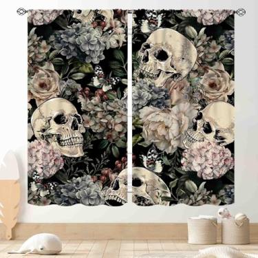 Imagem de Cortinas florais góticas, flores pretas boho, assustador, mal-humorado, bruxa, gótica, peônia, crânio, misterioso, esqueleto, tríplice estética, blackout cortina de janela para quarto, sala de estar