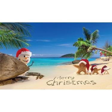 Imagem de DORCEV 1,8 x 1,2 m, faixa de fundo de Feliz Natal, Papai Noel, ilha romântica, litoral, praia, fundo fotográfico, oceano, água transparente, coqueiros, céu azul, chapéu de Natal, decorações de véspera
