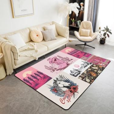 Imagem de Manfei Cowgirl Tapete de área infantil de cowboy ocidental para decoração de quarto de meninos e meninas, tapete decorativo de patchwork rosa para sala de estar, tapetes absorventes, 1,6 m x 1,8 m