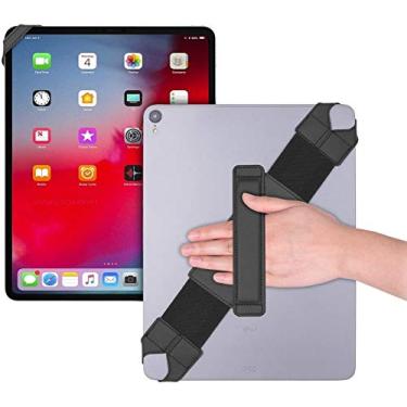 Imagem de joylink Suporte universal de alça de mão para tablet, cabo de couro giratório de 360 graus com cinto elástico, seguro e portátil para tablets de 12,9 polegadas (iPad Pro 2018), preto
