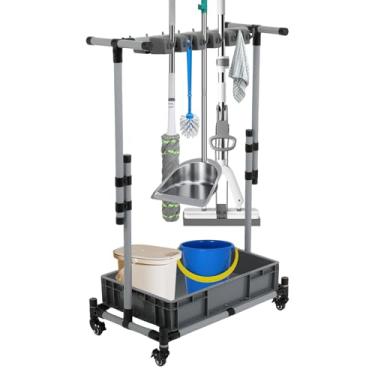 Imagem de Carrinho de limpeza com rodinhas com organizador de esfregão e vassoura, suporte móvel para esfregão montado no chão, carrinho de ferramentas de limpeza com rodas para limpeza, garagem e jardim