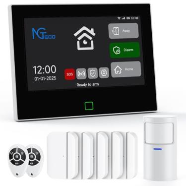Imagem de NGTeco Sistema De Alarme Residencial Sem Fio Com 9 Peças, Wi-Fi 2.4G Tela Sensível Ao Toque 7 Polegadas, Controles Remotos, Sensores Porta, Detector Movimento Para Residências, Segurança Apartamento