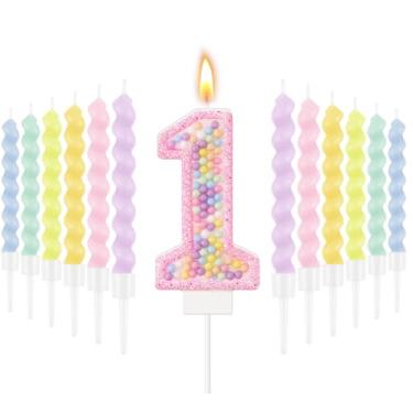 Imagem de MTLEE Vela de aniversário número 1 com 12 peças de velas espirais para meninas macaron pastel arco-íris unicórnio rosa topo de bolo para decoração de festa temática doce