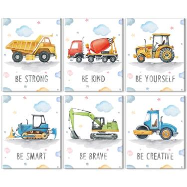 Imagem de Decoração de construção para quarto de meninos e crianças, decoração de quarto de menino em aquarela, veículo, caminhão, trator, escavadeira, impressões em tela, citações inspiradoras, arte de