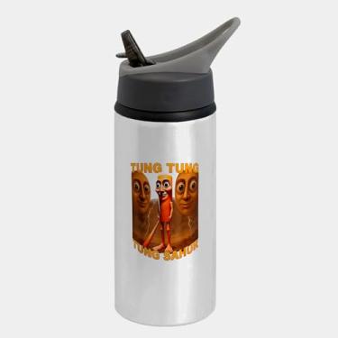 Imagem de Garrafa Squeeze Bico Prateada Premium 600ml - Tung Tung Tung Sahur Funny Baseball Bat Italian Brainrot